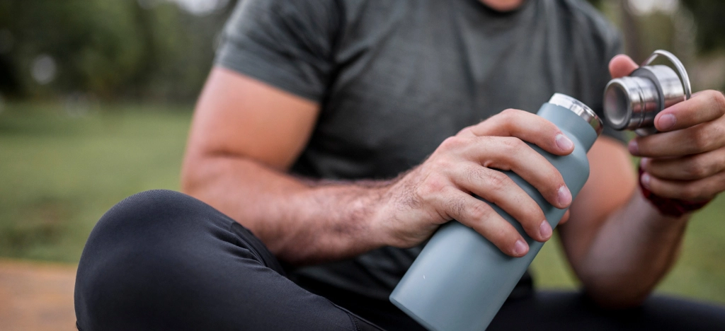 A man holding travel water bottle